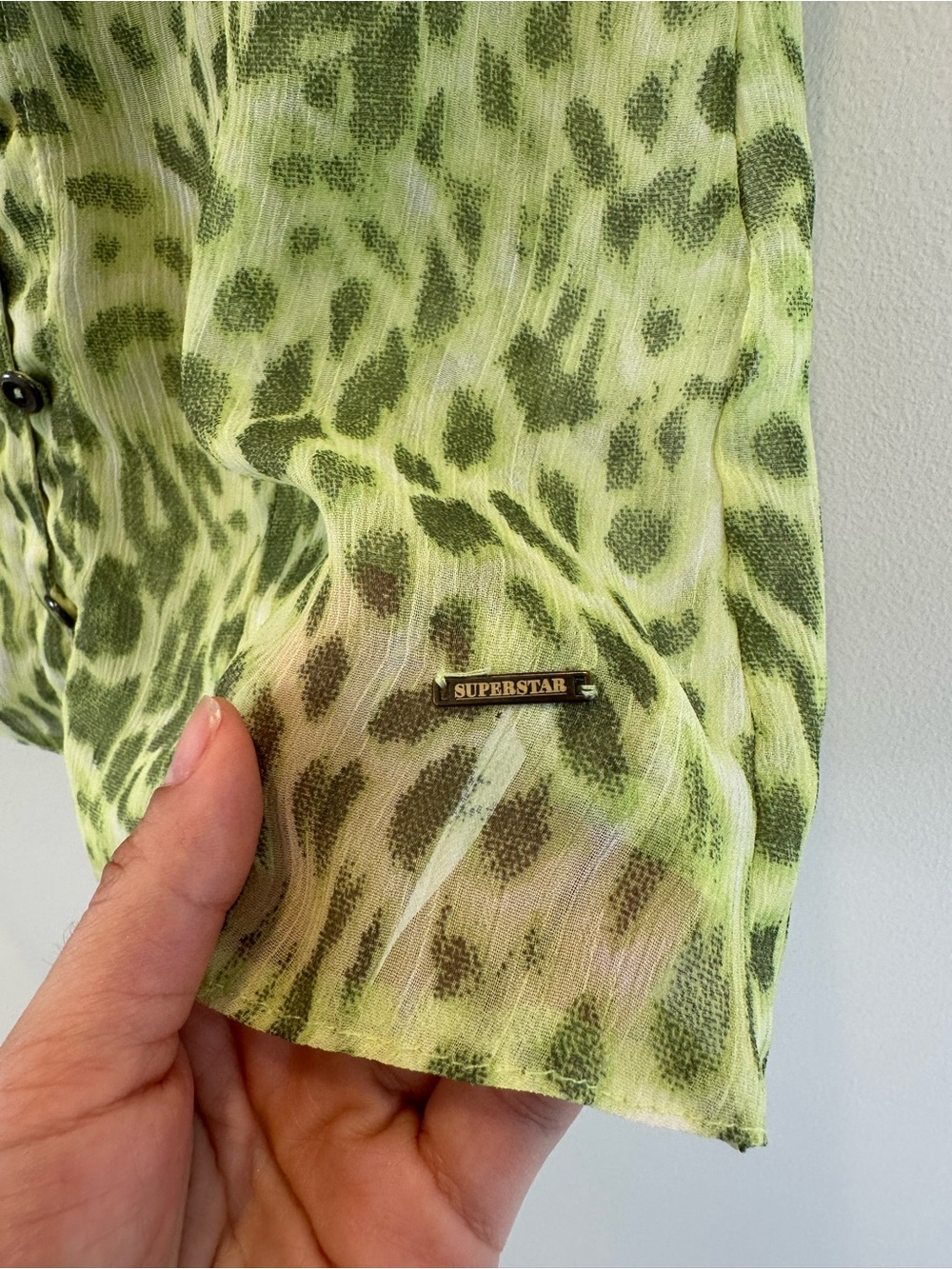 Green Leopard-Print Ruffle Button Blouse - Picture 4 of 9